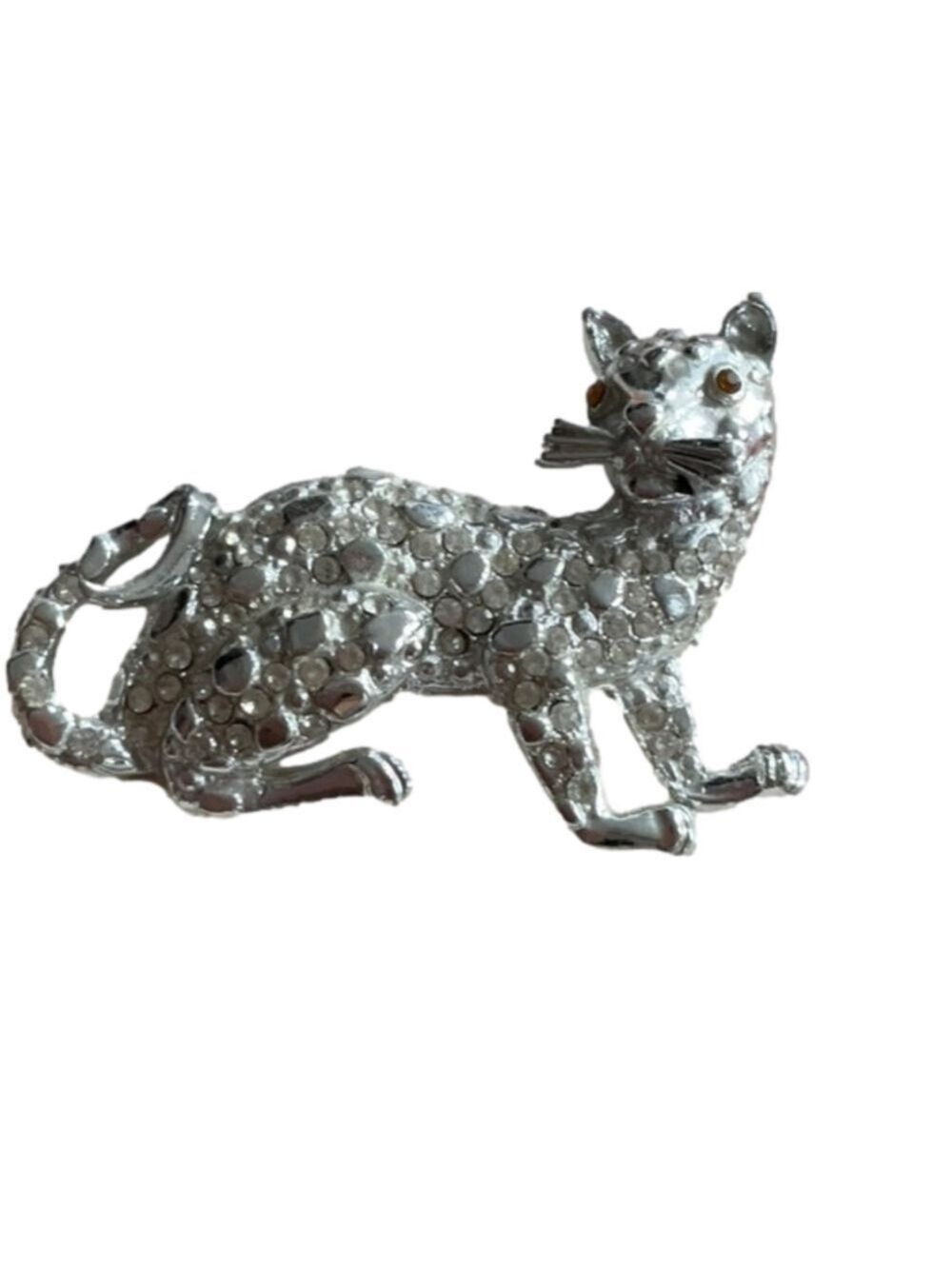 Vintage Silver Rhinestone Cat Brooch